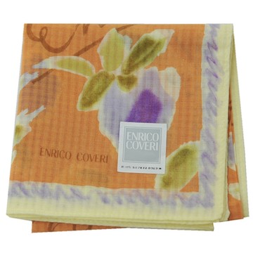 ENRICO COVERI 日本製繽紛花朵圖騰字母LOGO帕巾(橘黃底/45CM)