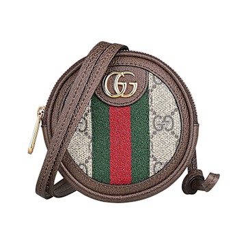 GUCCI OPHIDIA金字雙G LOGO綠紅織帶設計Supreme帆布邊飾皮革拉鍊頸掛零錢包(迷你/米x深棕)