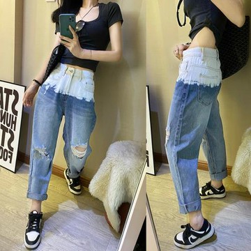 2025歐貨乞丐破洞牛仔褲寬松夏季薄款高腰漸變扎染顯瘦老爹九分褲
