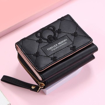 🎀台灣出貨🎀日系刺繡熊熊短夾 多卡位大容量 學生卡包 多功能零錢包 零錢拉鍊短夾 女生皮夾 6色可選