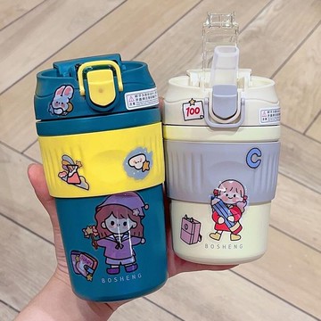 不銹鋼運動防摔學生卡通女萌兒童保溫杯帶吸管可愛上學