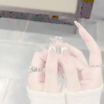 💗台灣出貨💗【女王眼淚】溫柔裸色漸變法式貓眼藍寶石堆堆鑽美甲穿戴甲可拆卸