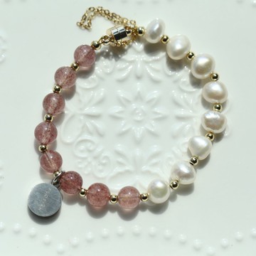 珍珠 x 士多啤梨水晶 香薰精油手鏈 | 8mm