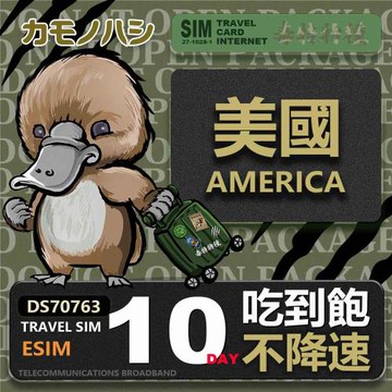 【鴨嘴獸 旅遊網卡】Travel Sim 美國 eSIM  10天 吃到飽不降速 美國上網卡 免換卡 免插卡