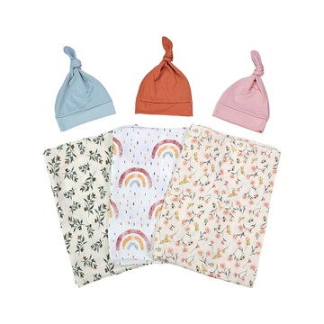 Mesenfants 新生嬰兒包巾+胎帽+木質名牌3件套 100x100cm 蓋毯 蓋被