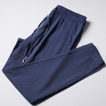 耐穿免燙可機洗夏季抽繩休閑褲男修身歐貨新款藍色9分小腳褲子946