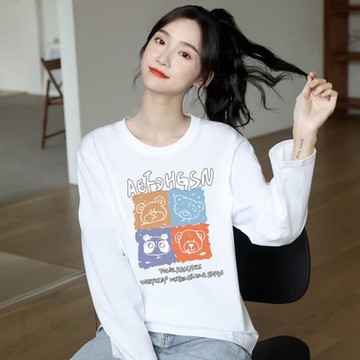 長袖T恤女白色寬松2023年新款春季百搭卡通印花學生純棉打底衫潮