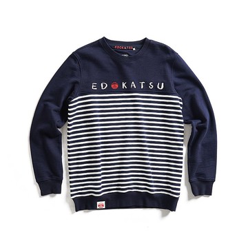江戶勝 日系 男裝 條紋印花刷毛長袖T恤(丈青色) #上衣
