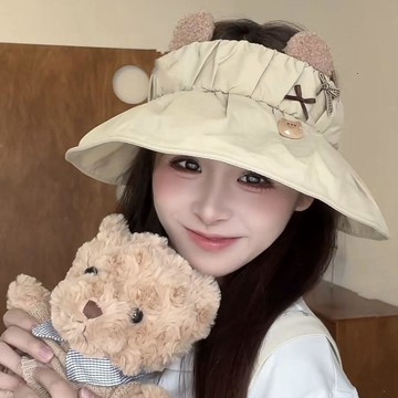 💖臺灣-出貨💖夏季清新遮陽帽女輕薄顯臉小太陽帽可愛小兔空頂大帽檐女防曬帽子03Rv