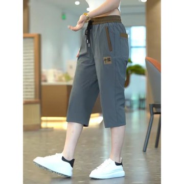 冰絲休閑短褲男薄款速干中褲時尚刺繡運動褲子男款潮流百搭七分褲