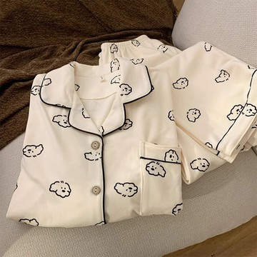 可愛⁠⁠⁠雲朵小狗德絨睡衣 長袖長褲保暖睡衣 女秋冬季寬鬆開衫甜美居家服套裝 學生卡通可外穿家居服 睡衣睡褲兩件套