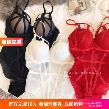 性感綁帶設計連體文胸套裝鏤空網紗有鋼圈上薄下厚塑身內衣顯瘦