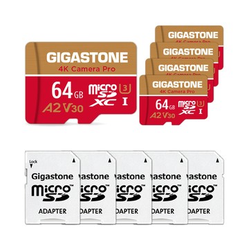 Gigastone 4K Camera Pro microSDHC UHS- U3 A2 V30 64GB (5入組)攝影高速記憶卡(附SD轉卡)
