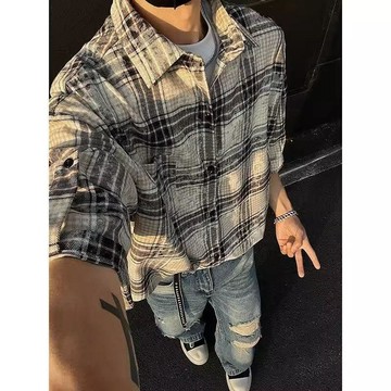 扎染格子短袖襯衫男cleanfit高級感翻領半袖上衣美式復古休閒襯衣