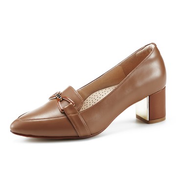 MAGY  真皮雙環金屬釦尖頭粗中跟鞋 棕色 #14787