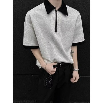【男裝】臺灣出貨美式撞色半拉鍊拼接潮流拼接POLO衫男夏季設計感翻領休閒短袖寬鬆