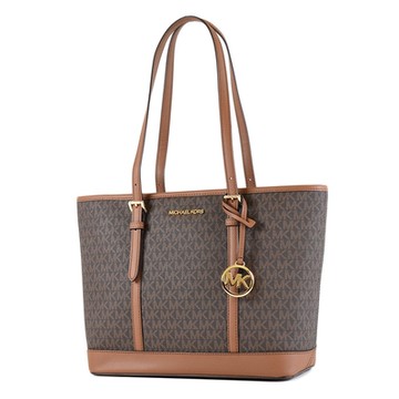 MICHAEL KORS JET SET 緹花LOGO防刮托特包-焦糖咖啡/小