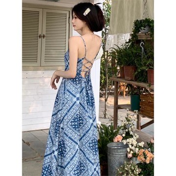 夢的馬度假露背連衣裙超仙民族風吊帶長裙沙灘海邊氣質藍色雪紡裙