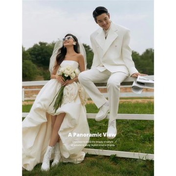 影樓新款情侶旅拍主題服裝時尚街拍婚紗攝影前短后長拖尾抹胸禮服