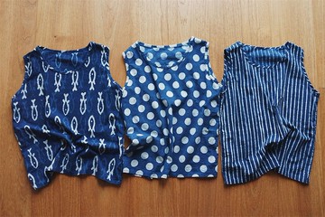 波點條紋小魚藍印花 夏日百搭吊帶無袖背心 indigo薄棉布