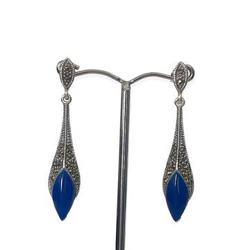裝飾藝術風格長耳墜青金石和白鐵礦 925 純銀