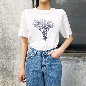 Deer Tree男女短袖T恤 白色 鹿樹自然動物手工文青禮物北歐插畫