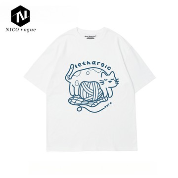 【Nico】100%純棉 短袖T恤女 復古 貓咪印花 純棉上衣 白色短袖T恤女 潮流衣服 女生上衣 短T 男生短袖T恤