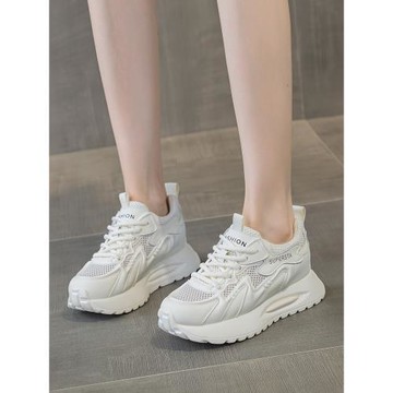 網面小白鞋子女2025新款夏透氣運動休閑厚底內增高百搭真皮老爹鞋