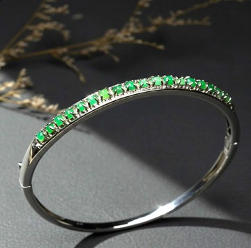 冰陽綠翡翠蛋面設計款手環 925純銀 | 天然緬甸玉A貨翡翠 | 送禮