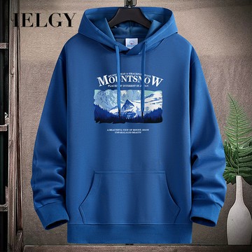 IELGY 13色加大碼純棉連帽衛衣男新款口袋寬鬆休閒男女同款上衣風景印花