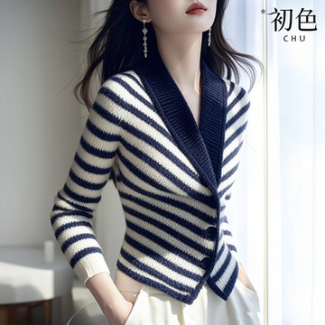 初色 慵懶風條紋V領長袖修身針織衫上衣女上衣-藍白條紋-10279(F可選)