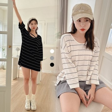 《杜達女孩》前後造型領露背上衣 中長版上衣 棉質 條紋上衣 薄長袖 長袖T恤 長袖上衣 t恤 台灣製 MIT