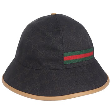 GUCCI 古馳  黑色緹花布綠紅織帶漁夫帽-M