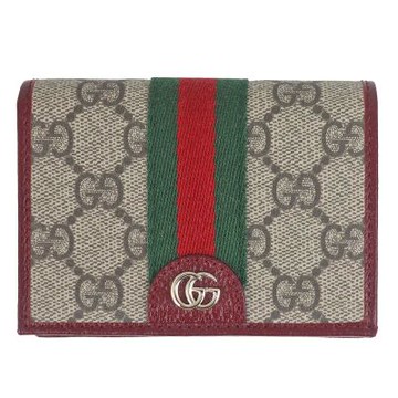 GUCCI Ophidia 織帶雙G防水布咖紅皮邊翻蓋拉鍊短夾(5卡)