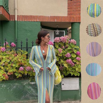 23亞馬遜速賣通爆款撞色蕾絲鏤空沙灘V領低胸前開叉連衣長裙HY065