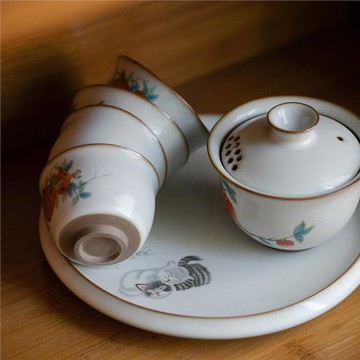 復古月白汝窯壺承干泡盤果盤功夫茶具配件壺托蓋碗托茶托陶瓷托盤