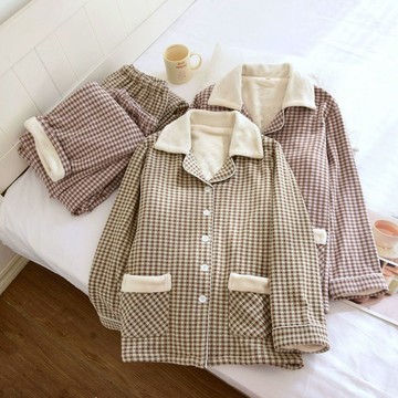 【現貨】秋冬女睡衣刷毛保暖睡衣加厚長袖長褲德絨格子雙層刷毛加層保暖長袖長褲冬季睡衣居家服 中老年可外穿