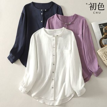 初色 棉麻文藝風純色圓領單排釦寬鬆長袖襯衫上衣女上衣-共3色-15066(M-2XL可選)