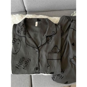 黑灰色KT貓咪睡衣女款春秋夏季云朵純棉紗長袖可愛少女家居服套裝