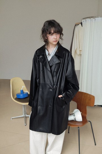 北歐電影感 / 廓型感皮衣外套 / 雙排扣