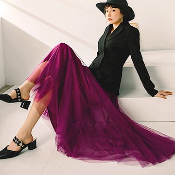 腰鬆緊澎澎網紗長裙-OB嚴選