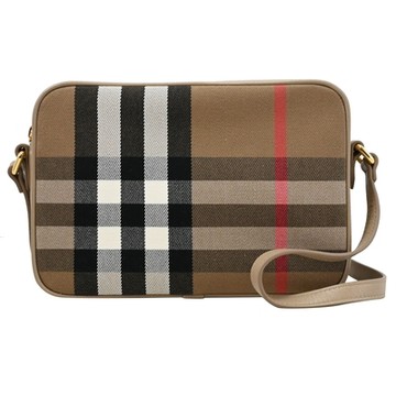 BURBERRY 巴寶莉  格紋印花帆布斜背包/相機包(奶茶色邊 23.5cm)