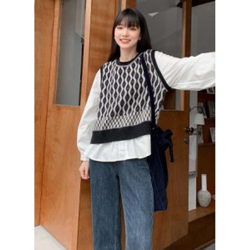 ドッキングニット ドッキングシャツ ニット レディース 異素材 トップス 長袖 黒 ニットベスト クルーネックニット 幾何学模様 おしゃれ 通販 Lineポイント最大8 0 Get Lineショッピング