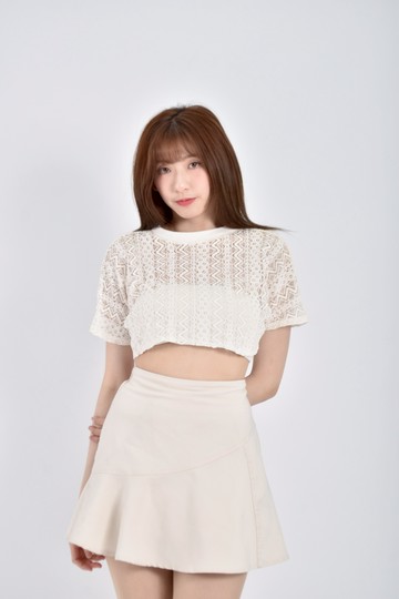 (L) 透膚蕾絲白色短袖上衣