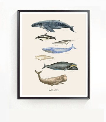 北歐風居家海報-鯨魚水彩畫-復制畫-臥室裝飾畫-動物-畫框-民宿