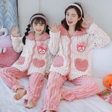 珊瑚絨母女睡衣秋冬季親子加厚甜美公主女孩玲娜貝兒法蘭絨家居服