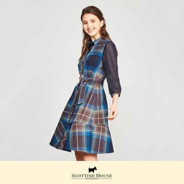 【Scottish House】 香味 翻領 七分 雪紡袖 格子 開襟 洋裝 (CFT13104)