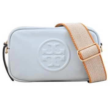 TORY BURCH Mini Miller 立體LOGO納帕皮革寬背帶斜背相機包(水藍)