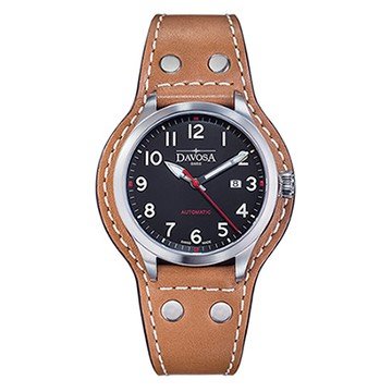 DAVOSA Axis AUtomatic 手工縫製專業護腕全皮帶錶-黑x咖啡色帶