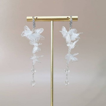 飛花 銀色 | 耳夾耳鈎 | 婚禮樹脂水晶花飾品 | 白水晶可改珍珠